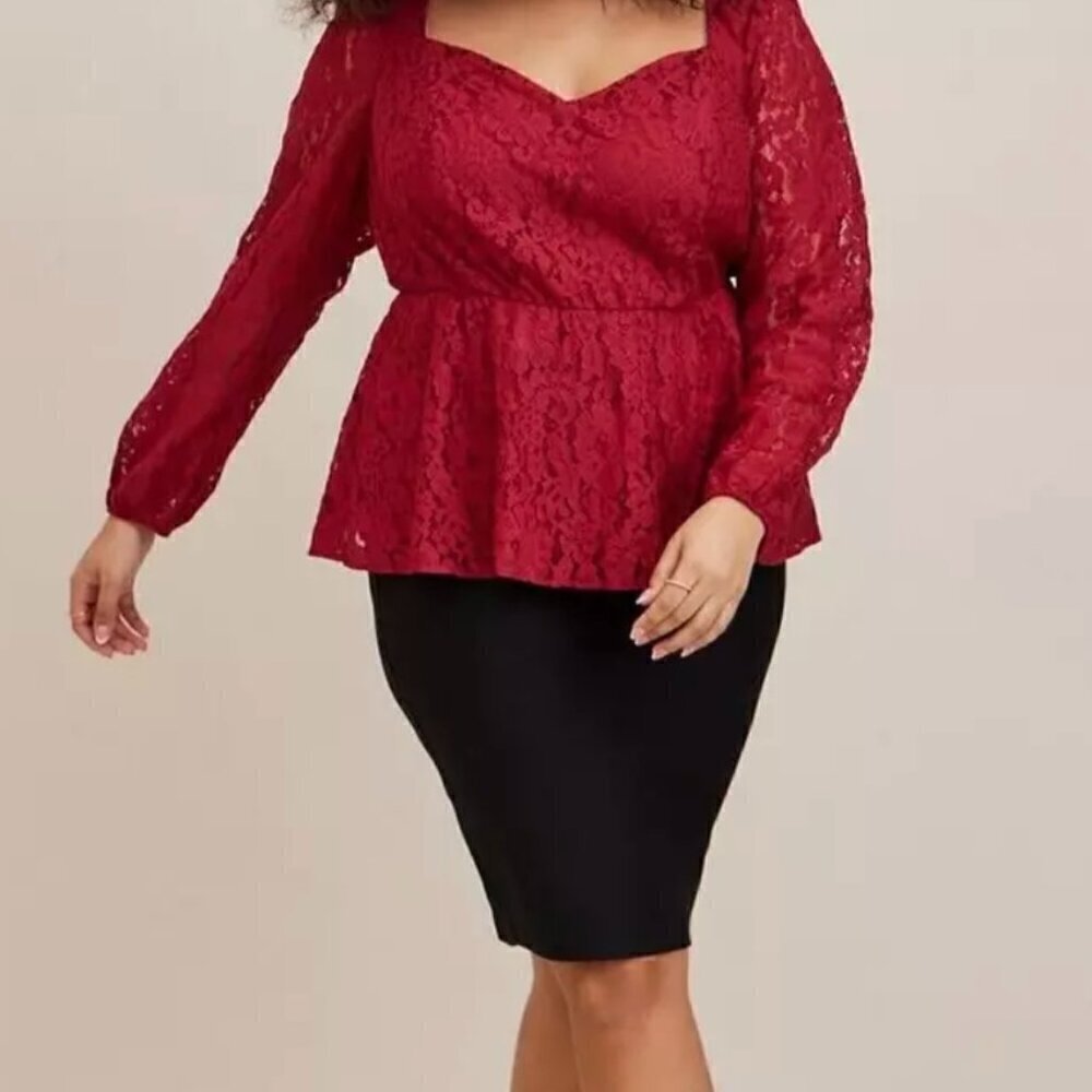 Torrid Plus Women's Peplum Lace Long Sleeve Lined Red Top 2X